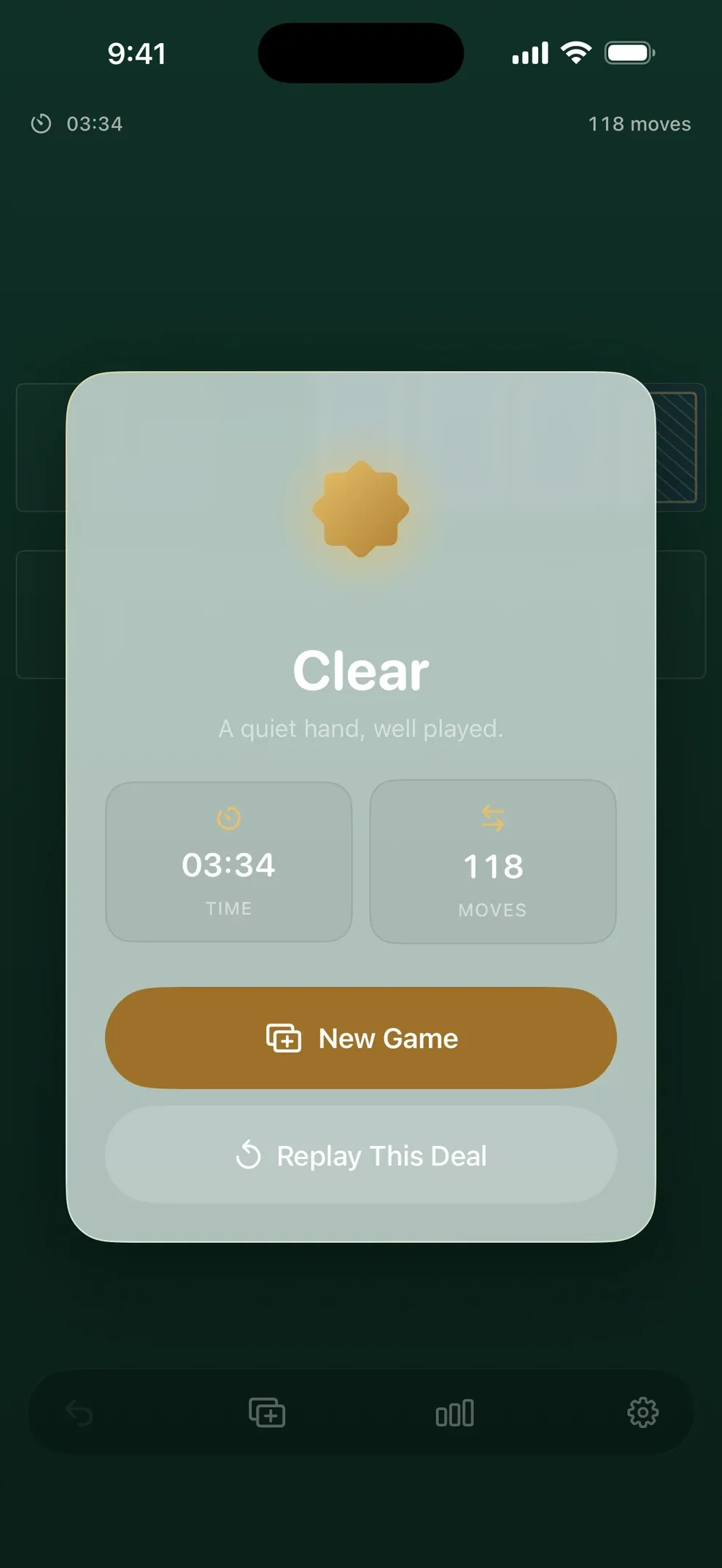The win screen, showing the finished time and move count